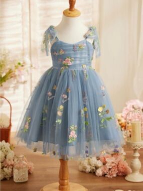 Blue Floral Tulle Party Dress for Girls